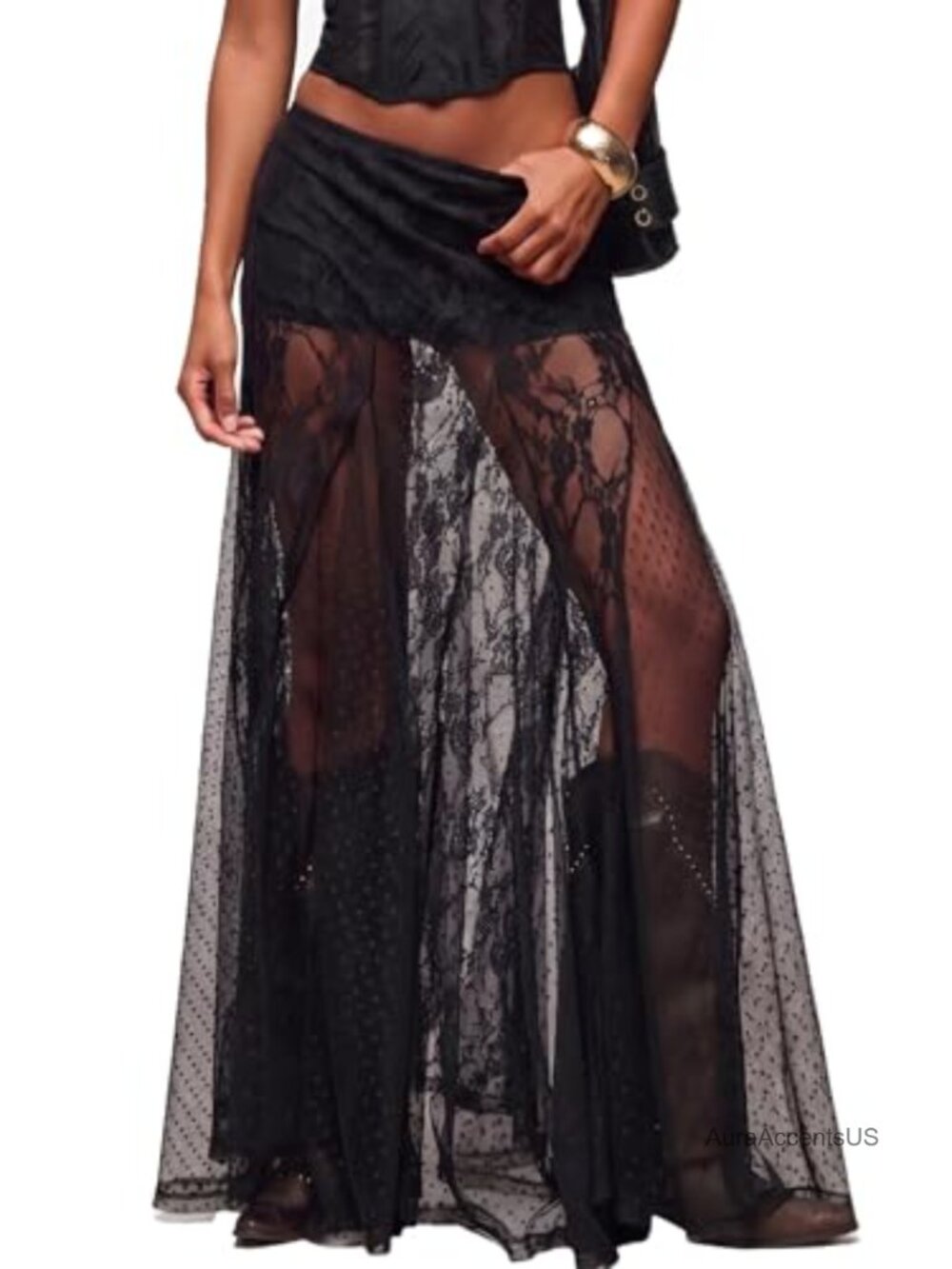 Women's Lace Sheer Maxi Skirt High Waisted A-Line Flowy with Built-in Shorts